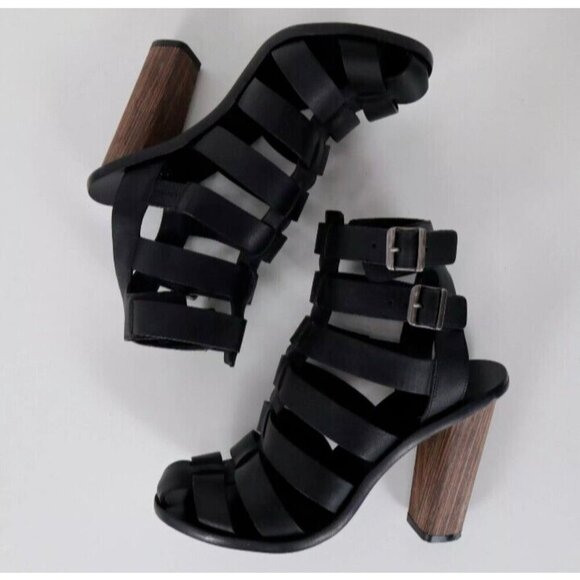 Vince Sandals Caged Strappy Nicolette Womens 8M 38 Black Leather Block High Heel - Picture 9 of 16